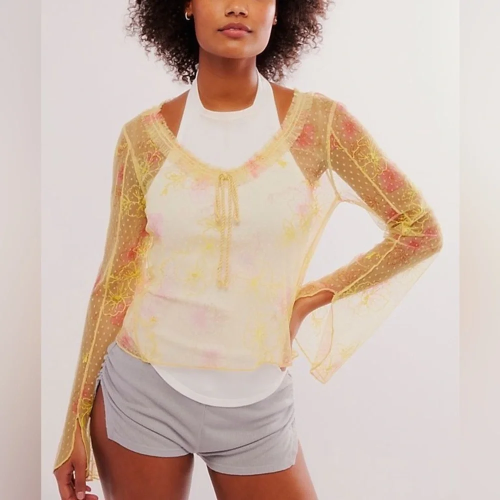 Free People Floral Sheer Yellow Top NWOT